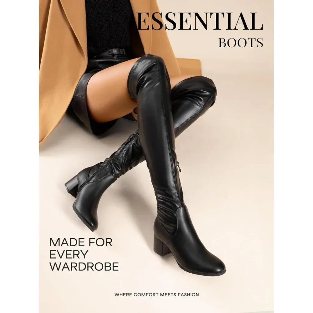 Women Black/Pu Faux Leather Over The Knee Chunky Heel Long Stretch Boots